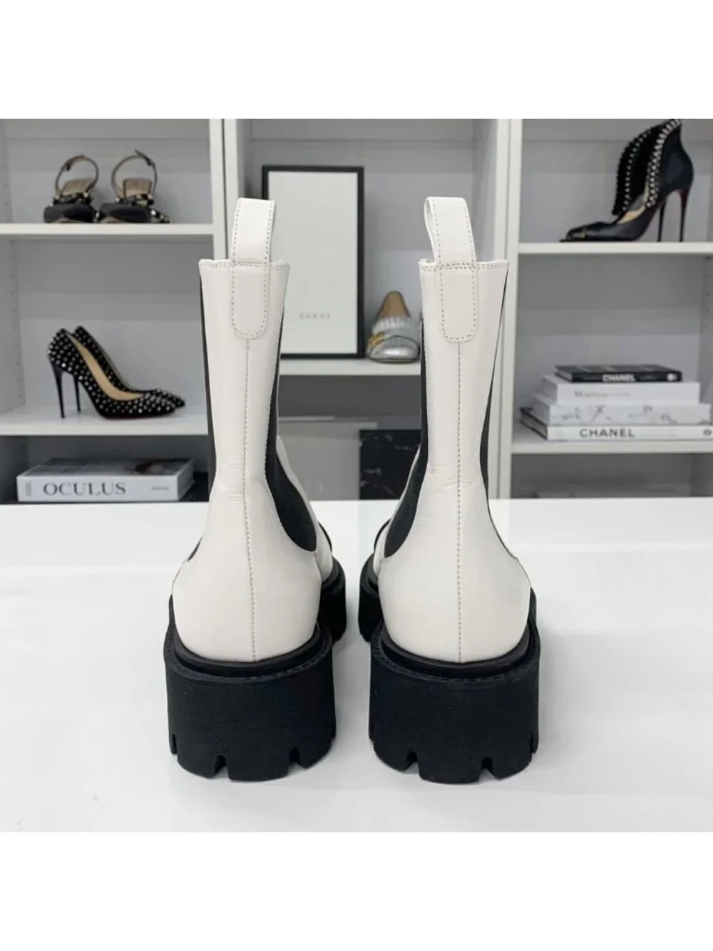 Chanel CC Logo Leather Patent Side Gore Short Boots White